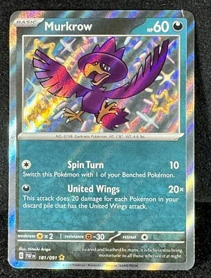 🔥 Murkrow Paldean Fates 181/091 “Baby” Shiny Rare FIERY, AMAZING, & MAGICAL! - Image 1 of 2
