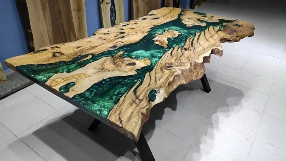 Live Edge Olive Emerald Green Epoxy Resin Dining Table | Handmade Natural Olive - Image 1 of 4