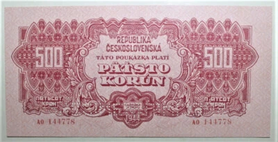 S8 - Czechoslovakia 500 Korun 1944 AU + / Uncirculated Banknote P. 49 - SPECIMEN - Image 1 of 2