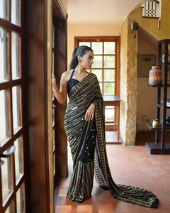 Georgette Fabric Saree With Unstitch Blouse Indian Embroidery Work Designer Sari - Picture 1 of 8