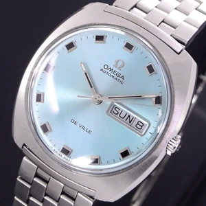 VINTAGE OMEGA DE VILLE AUTOMATIC SKY BLUE DIAL DAY&DATE MEN'S WATCH RARE ITEMS - Picture 1 of 11