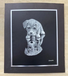 VTG Douglass Puppy Reflection Lithograph Print 1978 Double Matted 14 7/8" x 13" - Picture 1 of 4