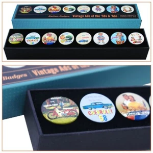 VINTAGE ADS OF THE '50s AND '60s - 8 Button Badge Deluxe Box Set. New. Mad Men - Picture 1 of 10