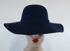 Vintage LOOK Womens NAVY BLUE Wide Brim Floppy Wool-look Effect Hat Bowler NWT - Picture 1 of 8