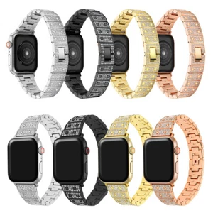 For iWatch Series 9 8 7 6 5 4 3 2 Se Diamond Studded Stainless Steel Watch Band - Picture 1 of 29