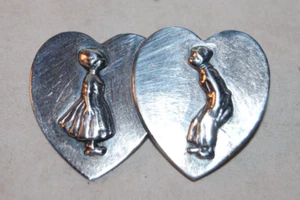 Vintage Sterling Dutch Boy Girl Double Heart Pin Brooch - Picture 1 of 2
