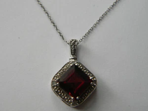 Vtg AFJC Genuine Garnet with Diamond Accent Sterling Silver 925 Necklace - Picture 1 of 5