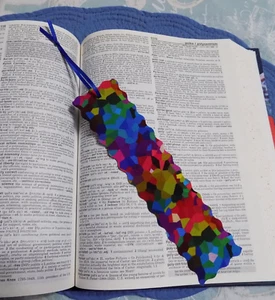 Bookmark Handmade Fabric or Cloth Multi Color Abstract with Blue Ribbon - Picture 1 of 3