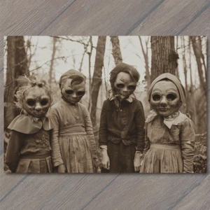 POSTAL Extraño Espeluznante Vintage Look Vibe Niños Máscaras Halloween Culto Inusual Familia - Imagen 1 de 1