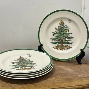 Set 5 Spode England Christmas Tree Dinner Plates 10 1/2” S3324 Green Trim VTG - Picture 1 of 9