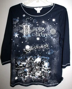 CHRISTOPHER & BANKS "FELICES FIESTAS" MUJER AZUL INVIERNO MANGA 3/4 TOP MEDIANO - Imagen 1 de 2