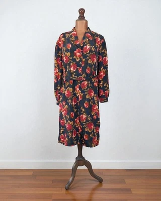 Vintage 60s Dress Mod Secretary Collared Belted Floral Satin Midi Handmade-UK 20 - Image 1 of 4
