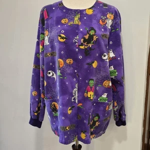 Purple Halloween Monsters Vintage Scrub Top Nurse Vet Tech Long Sleeve Button M - Picture 1 of 11