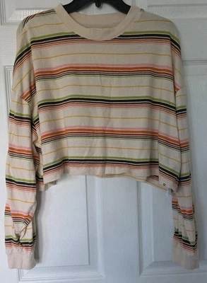 NWOT Sz M Billabong Oversized Cropped Cotton Top Long Sleeve Striped Tee Shirt  - Image 1 of 4