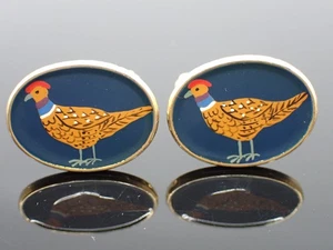 Vintage Emaille Fasan Manschettenknöpfe goldfarben oval Jagd Vogel Motiv Mid Century - Bild 1 von 15
