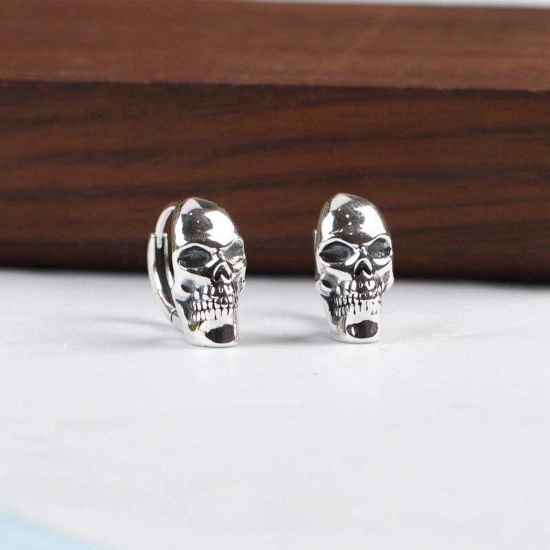 S925 Sterling Silver SKULL Huggie Hoop Earrings Gothic Biker Mens Womens PAIR 8g - Image 1 of 4