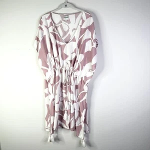 Poolside Paradiso Coverup Women M L Mauve Pink White Mini Kaftan Boho Cottage - Picture 1 of 9