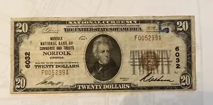 Norfolk Virginia, Norfolk National Bank & Trust, 1929 $ 20, T-1, en muy buen estado, escaso - Imagen 1 de 2