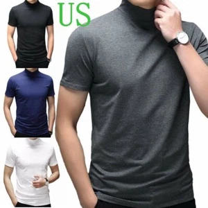 AU Men Short Sleeve T-shirt Mock Neck Pullovers Solid Slim Fit Tops Undershirts - Picture 1 of 27