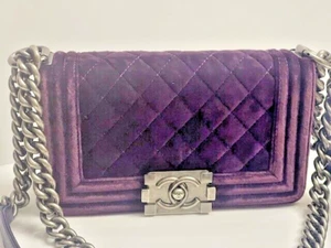 CHANEL LE BOY Purple Silver Chain Small Velvet Lambskin Shoulder Bag Crossbody - Picture 1 of 23