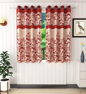 2 Piece Eyelet Polyester Floral Window Curtain 5 feet Maroon - Picture 1 of 3