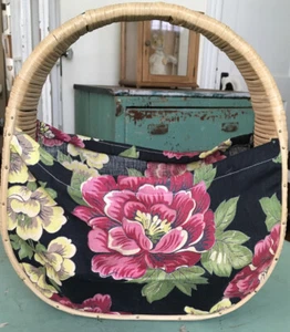 Vintage Lg 12X13” PEony Bark Cloth Sewing Basket Black Maroon Chartreuse Green - Bild 1 von 4