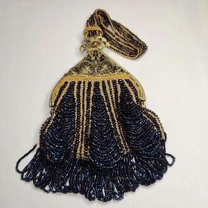 Antique 1920s Art Deco Czech Blue Glass Bead Purse - Picture 1 of 9
