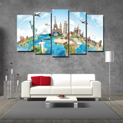 World Map Set Of 5 Pcs Puzzle Thin Canvas Poster Art Home Bar Wall Decor 06 - Image 1 of 4