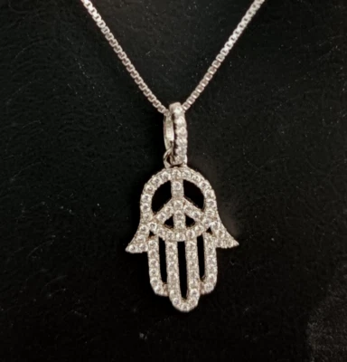 Sterling Silver Hamsa Necklace Peace Sign Natural Gemstone High End Hand Fatima - Image 1 of 4
