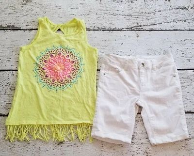 JUSTICE 12 14 Girls Yellow Fringe Tank Top & White Denim Shorts EUC 12 14 - Image 1 of 4