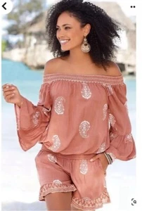 Lascana Venus Pasiley Off The Shoulder Shorts Romper Bell Sleeve Ruffle Hem Sm - Picture 1 of 15