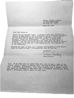 Susan Sontag / Typed & Signed Letter to Critic / April 20, 1984 - Image 1 of 3