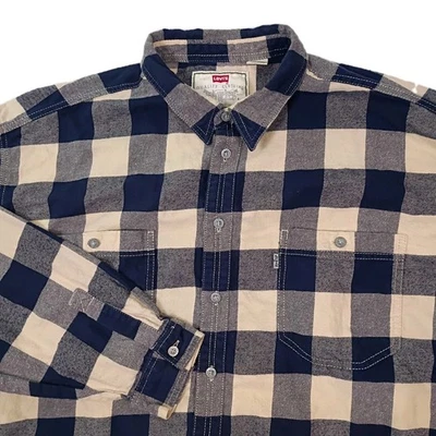 Levis Shirt Mens XXL 2XL Blue Beige Buffalo Check Flannel Button Up Long Sleeve - Image 1 of 4