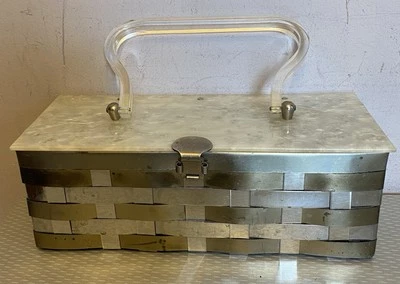 50s vintage Lucite Plastic Box Purse Gold Silver Metal Basket Weave Bag MCM - Image 1 of 4