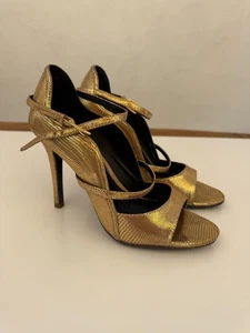 Rebecca Minkoff Gold Textured High Heel Sandals With Adjustable Straps & Open To - Picture 1 of 7