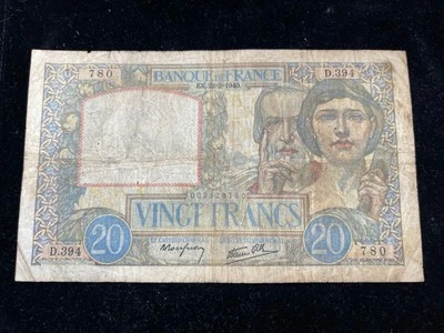 1940 France 20 Francs Banknote High Value - Image 1 of 4