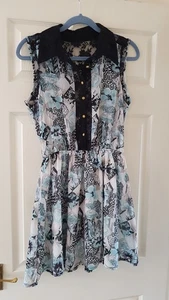 Blue floral/geometric dress with black lace details Size L - Picture 1 of 9