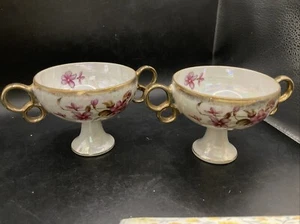 2 Porcelain Japan Opalescent Pedestal Dbl Handle Purple/rose Flower bowl 74i - Picture 1 of 5