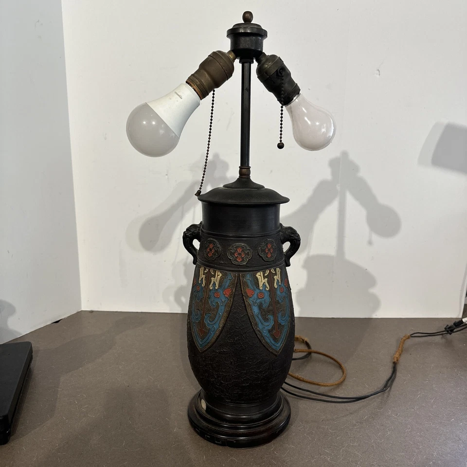 Antique Art Deco Era Tall Black Champleve Tokoname Vase Japan Converted To Lamp - Image 1 of 4