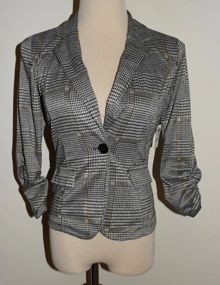 New Charlotte Russe Jacket Small Button Cinched 3/4 Sleeve Plaid Knit Blazer - Image 1 of 2