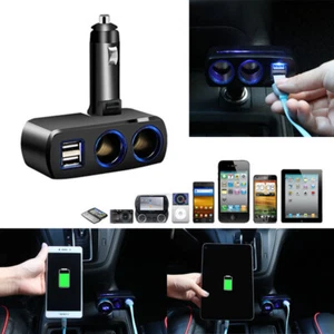 2-Way Car Cigarette Lighter Socket Splitter 12V Dual USB Car Charger Adapter - Picture 1 of 9