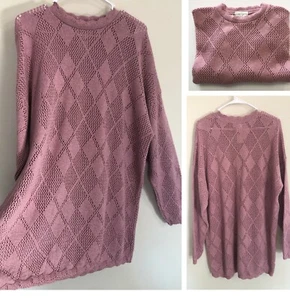 NEW Jaclyn Smith Tunic Sweater 24W NWT vtg Rose Pink Argyle Pattern Pierced Knit - Picture 1 of 12