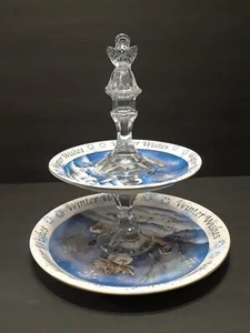 2 Tier Serving Tray Ceramic Plate Dessert Stand Display Holiday Winter Angel  - Picture 1 of 12