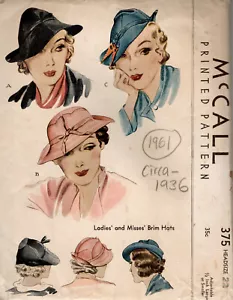 1936 Vintage Couture Motif Chapeau S22 " (1961) McCall 375 - Foto 1 di 3