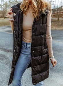 Black Hooded Long Quilted Vest Coat - Picture 1 of 2