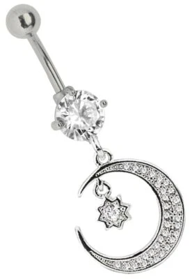Piercing da Ombelico Spina Banana Zirconia Cristallo E Luna con Stella Rimorchio - Immagine 1 di 3
