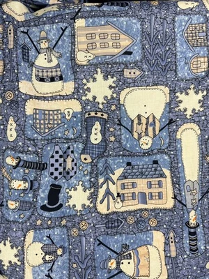 Vintage Leslie Beck for VIP Cranston Folk Theme Snowman Christmas Fabric 2 Yards - Image 1 of 4