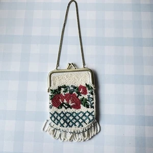Vintage Mini-Tasche mit Perlen Fransen Blumenmuster Kiss-Lock-Verschluss goldfarbene Hardware - Bild 1 von 7