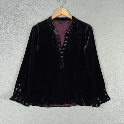 Drew Silk Velvet Top Womens XS Black Henley Grommet Long Sleeve Made USA Blouse - Imagem 1 de 4