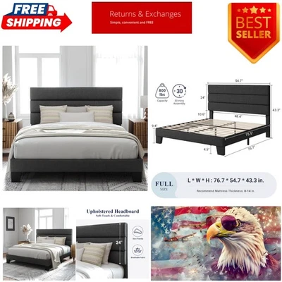 Fade Resistant Full Size Bed Frame with Upholstered Headboard & Support Slats - Image 1 of 4